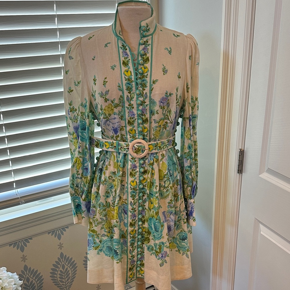 Zimmermann floral print linen button mini dress size 3